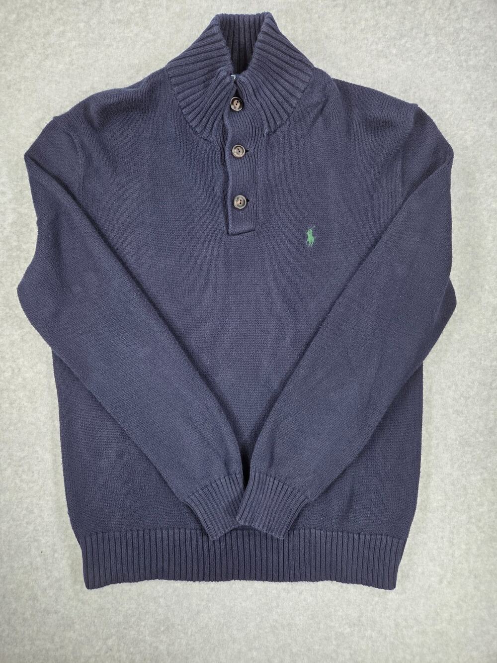 Polo Ralph Lauren Men's M 3 Button Mock Neck Sweater Navy Blue Green Pony Cotton